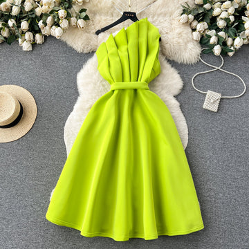 A line One Shoulder Ruffles Bud Green Holiday Dresses Midi Length Women's Dress SD1279